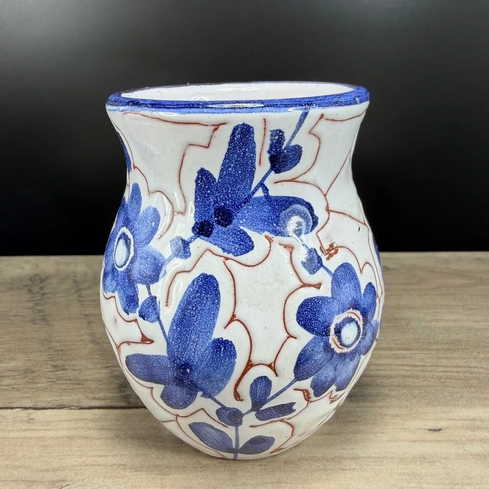 Vintage Made in Norway Blue White Floral‎ Ceramic Bud Vase Hand Painted 3.5 Inch